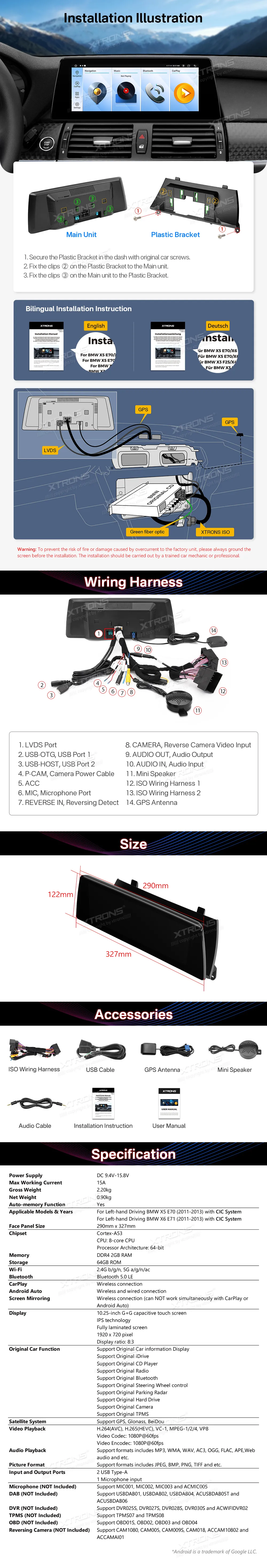 BMW X5 E70 X6 E71 CIC | Android OS | 10.25 inch | 2GB/64GB/8Core | Multimedija Xtrons QTB10X5CIL